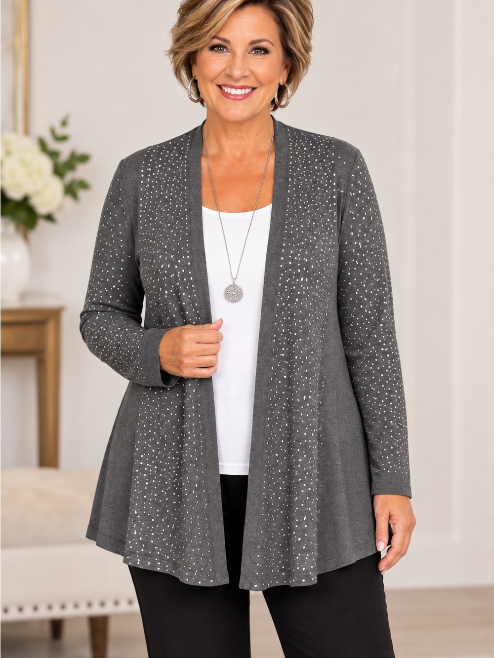 Chico's Heatset Cardigan Size 3 (US XL) Gray Sparkle Rhinestones Open-Front NWT